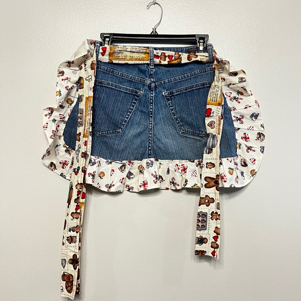 Handmade Upcycled Denim Holiday Apron Gingerbread Candy Cane Ruffle Trim Blue